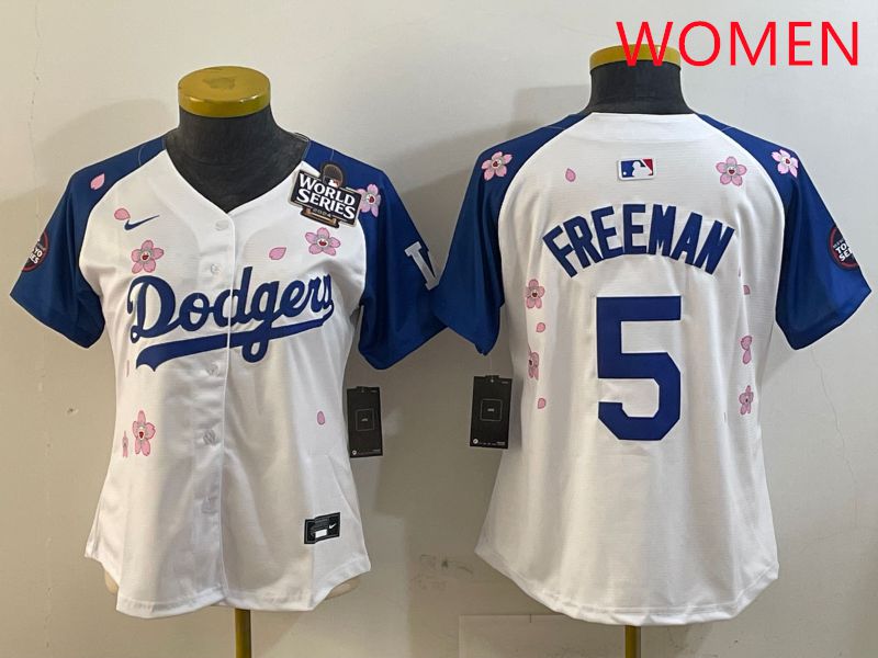 Women Los Angeles Dodgers #5 Freeman White Blue Sakura Edition 2025 Nike MLB Jersey style 3